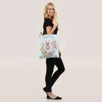 Cute Bunny and Flowers Personalized Pretty Easter Tote Bag