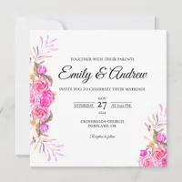 Pink Rose Spring Floral Watercolor Square Wedding Invitation