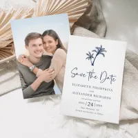 Tropical Palm Tree Navy Blue Beach Wedding Save The Date