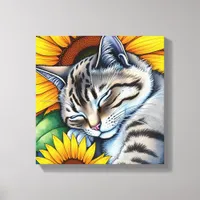 Sweet Napping Gray Cat and Sunflower Canvas Print