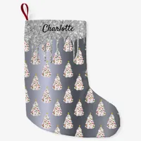 Christmas silver glitter white trees monogram small christmas stocking