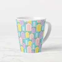 Cute Pastel Striped Beach Huts on Ocean Blue Latte Mug