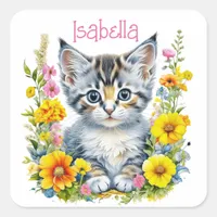 Personalized Gray Kitten and Flowers Watercolor Square Sticker