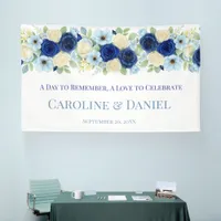 Navy Royal Bue Wedding Watercolor Ivory Flowers Banner