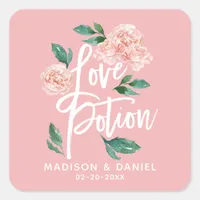 Love Potion Blush Pink Floral Personalized Square Sticker
