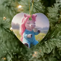 Adorable Unicorn with a coffee and Your Own Photo Ceramic Ornament