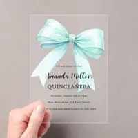 Teal green bow clear Quinceanera Acrylic Invitations