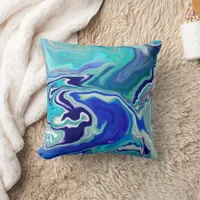 Blue and Teal Marble Waves Throw Pillow