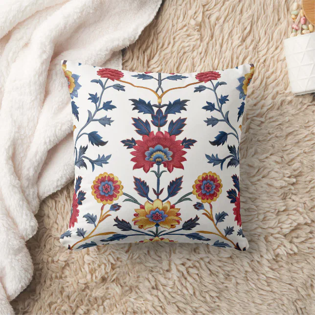 Antique Colorful Indian Floral Motif Pattern Throw Pillow