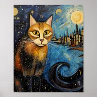 Cat in the Starry Night City Poster