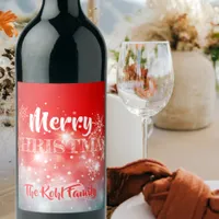 White Snowflakes Sparkles Bokeh on Red Xmas Wine Label