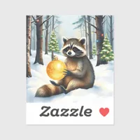 Cute Winter Raccoon with Gold Ornament Christmas Sticker
