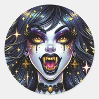 Vampire with Gold Fangs Full Moon Halloween Party Classic Round Sticker