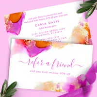 Pink And Orange Elegant Watercolor Alcohol Ink Referral Card