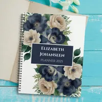 Elegant Trendy Navy Blue & Cream Floral Watercolor Planner