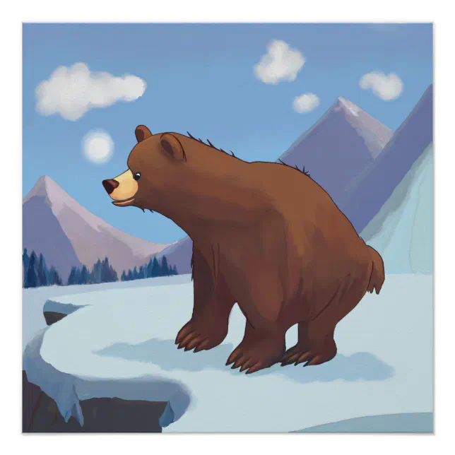 Cartoon Brown bear in the mountains Poster