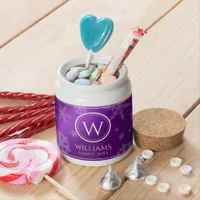 Festive Purple Foil Snowflakes Monogram Name Candy Jar