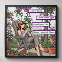 Pretty Woman Drinking Coffee, Her Dog and Plants Peel And Stick Photo Tile