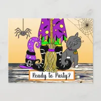 Witch, Cat and Spiderweb Cute Halloween Invitation Postcard