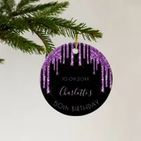 Birthday black purple glitter sparkle monogram ceramic ornament