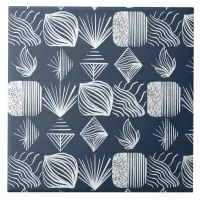 Bold Caribbean Tribal Mudcloth: Navy Blue& White,  Ceramic Tile