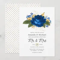 Rustic Shabby Royal Blue and Gold Floral Wedding Invitation