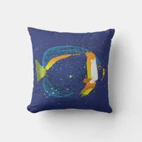 Tropical Fish Print Navy Blue and Yellow Nature Throw Pillow