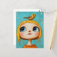 Cute Girl with a bird on her head Postcard
