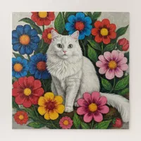 Fluffy White Cat and Folk Art Flowers Jigsaw Puzzle
