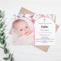 Pink florals photo arch girl cross Baptism Invitation