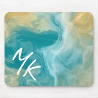 Monogrammed Sandy Brown Ocean Blue Fluid Art Mouse Pad