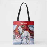 A Festive White Horse and Winter Barn Christmas Tote Bag