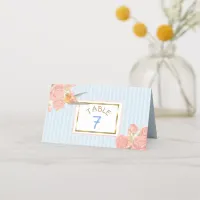 Blue Floral Gold Bird Wedding Table Number Place Card