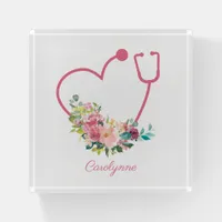 Pink Floral Stethoscope Heart Medical Nurse Doctor Paperweight