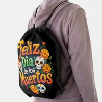 Colorful Day of the Dead Candy Skulls Marigolds Drawstring Bag