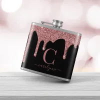 Rose Gold Sparkle Glitter Drips Monogram on Black Flask