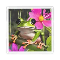 Cute Frog on Pink Flower Branch   Acrylic Tray