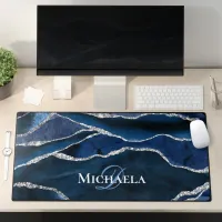 Agate Geode Navy Blue Silver Glitter Monogram Desk Mat