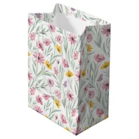 Spring Summer Yellow Pink Purple Floral Watercolor Medium Gift Bag