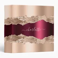 Gold burgundy agate marble name script 3 ring binder