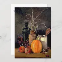 Autumn Decorations on Table, Pumpkin, Fruit, Drink Invitation