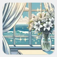 Pretty Ocean View and Vase of Flowers  Square Sticker