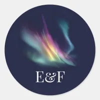 Northern Lights Aurora Borealis Monogram Wedding Classic Round Sticker