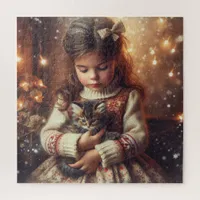 Sweet Little Girl and Kitten Christmas Jigsaw Puzzle