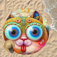 Colorful Fantasy Cat sticking out its Tongue Beach Towel