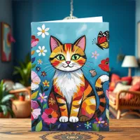 Impasto Cat, Flowers & Butterfly Birthday Card