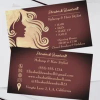 Girly Trendy Wine Red & Gold Makeup Hairstylist  Business Card