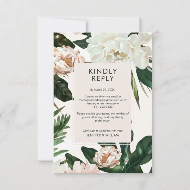 Peach White Peonies & Green Leaves Floral Wedding RSVP Card