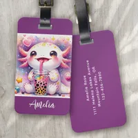 Cute Axolotl Bubble Tea Purple Monogram Luggage Tag