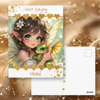 Cute Anime Fairy and Chibi Dragon | Hello! Postcard